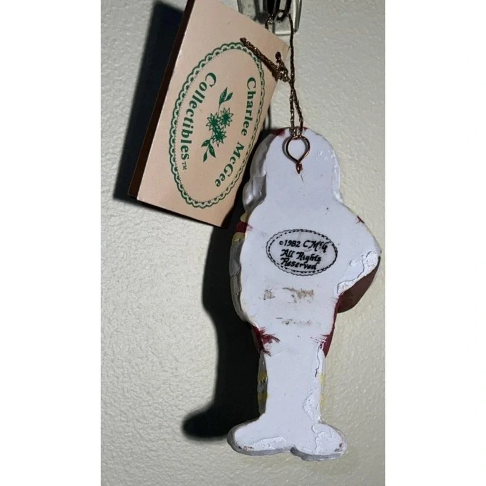 Vintage Charlee McGee Football Player Christmas Ornament Figure Molded Resin Tag